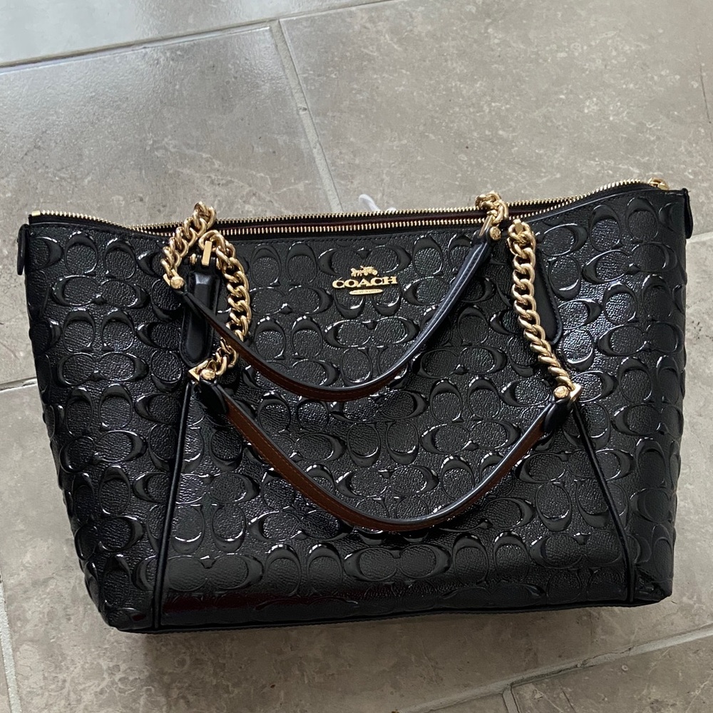 Coach Black Embossed Tote with Gold Chain